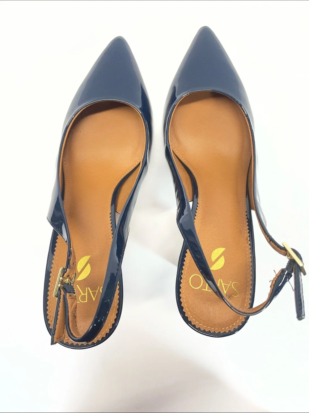 Sarto Glossy Navy dark blue Pointed Slingback Block Heels